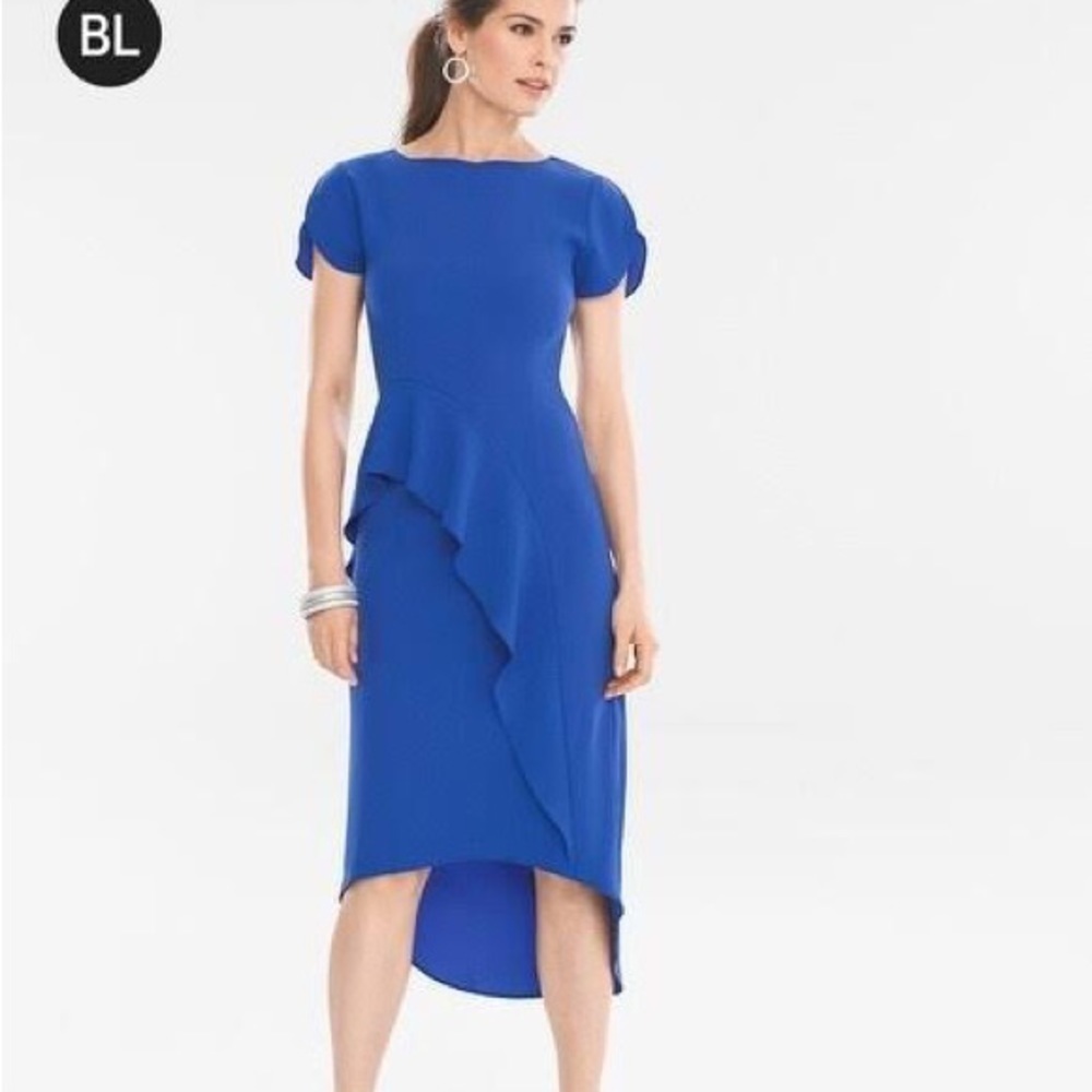 Chico’s Size 00 Dress Black Label Flounce Dress Royal Blue Ruffle